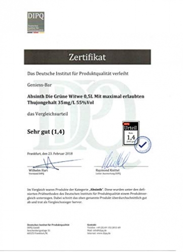 Absinth Die Grüne Witwe 0,5L Testurteil SEHR GUT(1,4) Maximal erlaubter Thujongehalt 35mg/L 55% Vol - 3