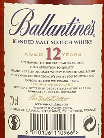 Ballantines 12 Blended Malt Scotch Whisky – 12 Jahre gereifte Komposition aus ausgewählten Malt Whiskys – Goldgelbe Farbe mit rauchig & frischem Geschmack – 1 x 0,7 L - 8