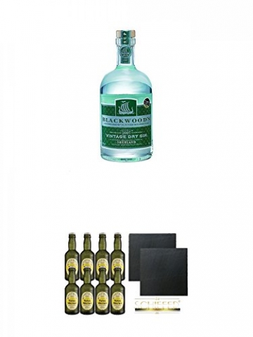 Blackwoods Vintage Dry Gin 40% 0,7 Liter + Fentimans Tonic Water 8 x 200 ml + Schiefer Glasuntersetzer eckig ca. 9,5 cm Ø 2 Stück - 