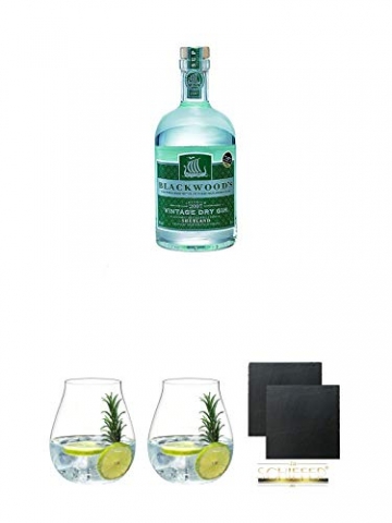 Blackwoods Vintage Dry Gin 40% 0,7 Liter + Gin Tonic Glas – 5414/67 + Gin Tonic Glas – 5414/67 + Schiefer Glasuntersetzer eckig ca. 9,5 cm Ø 2 Stück - 