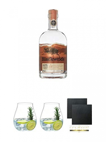 Blackwoods Vintage Dry Gin 60% 0,7 Liter + Gin Tonic Glas – 5414/67 + Gin Tonic Glas – 5414/67 + Schiefer Glasuntersetzer eckig ca. 9,5 cm Ø 2 Stück - 