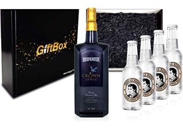 Gin Tonic Giftbox Geschenkset – Beefeater Crown Jewel 1L (50% Vol) + 4x Thomas Henry Elderflower Tonic Water 200ml inkl. Pfand MEHRWEG + Geschenkverpackung - 