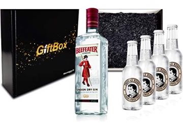 Gin Tonic Giftbox Geschenkset – Beefeater Dry Gin 0,7l 700ml (47% Vol) + 4x Thomas Henry Elderflower Tonic Water 200ml inkl. Pfand MEHRWEG + Geschenkverpackung - 