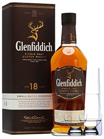 Glenfiddich 18 Jahre neue Ausstattung Single Malt Whisky 0,7 Liter + 2 Glencairn Gläser und Einwegpipette - 