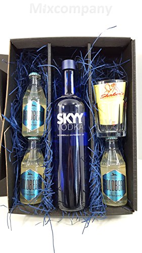 Skyy Vodka Lemon Set/Geschenkset ? Skyy Vodka 1L (40% Vol) + 3x Goldberg Bitter Lemon 200ml + Shakers Glas geeicht 4cl – Inkl. Pfand MEHRWEG - 