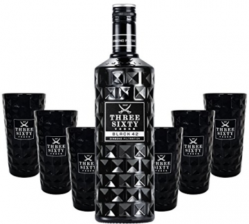 Three Sixty Black 42 Vodka 3L (42% Vol) + 6x Black Longdrink-Gläser eckig schwarz -[Enthält Sulfite] - 