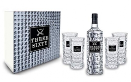Three Sixty Set Geschenkset Geschenk Box - Three Sixty Vodka Wodka 0,7L 700ml (37,5% Vol) + 4x Gläser eckig Longdrink Glas 300ml Fassung Kristall Glas - [Enthält Sulfite] - 1