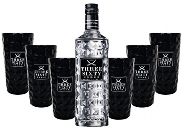 Three Sixty Vodka 0,7l 700ml (37,5% Vol) + 6x Black Longdrink-Gläser eckig schwarz -[Enthält Sulfite] - 