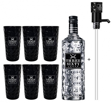 Three Sixty Vodka 3L (37,5% Vol) + Pumpe + 6x Black Longdrink Gläser eckig schwarz -[Enthält Sulfite] - 