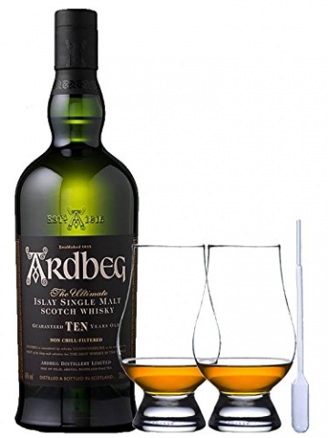Ardbeg TEN 10 Jahre Islay Single Malt Whisky 0,7 Liter + 2 Glencairn Gläser und Einwegpipette - 