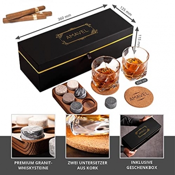 AMAVEL Whisky-Set mit 2 Whiskygläsern, Untersetzern und Whiskysteinen in edler Verpackung, Geschenkidee für Whiskyliebhaber - 6