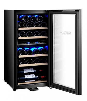 BODEGA43-22 Weinkühlschrank Klein - Weinkühlschrank 2 Zonen, 22 Weinflaschen, 5-20 ºC, 60 Liter, Geräuscharm (41 dB), 5 Schubladen aus Buchenholz, Kompressor mit Lüfterkühlung - 5