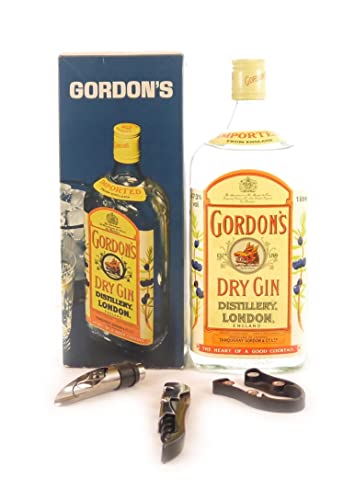bottling Gordon’s Special Dry London Gin (1980’s bottling) 1 Litre (Original Box) in einer Geschenkbox, da zu 3 Weinaccessoires, 1 x 1000ml - 