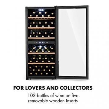 Klarstein Barossa 102D Weinglas-Regal Set - Weinkühler, Weinkühlschrank, Kompressionskühler, Volumen:, Kühltemperatur: 5-18 °C, 2-Zonen, Touch-Steuerung, Glasfront, 102 Flaschen, schwarz - 4