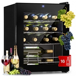 Klarstein Shiraz - Weinkühlschrank 5-18 °C, 42 dB, Soft-Touch-Bedienfeld, Weinschrank mit LED-Beleuchtung, wine fridge freistehend, 3 Regaleinschübe, 42 Liter, für 16 Flaschen Wein, schwarz - 1