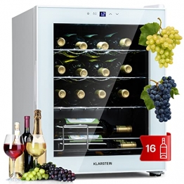 Klarstein Shiraz - Weinkühlschrank 5-18 °C, 42 dB, Soft-Touch-Bedienfeld, Weinschrank mit LED-Beleuchtung, wine fridge freistehend, 3 Regaleinschübe, 42 Liter, für 16 Flaschen Wein, weiß - 1