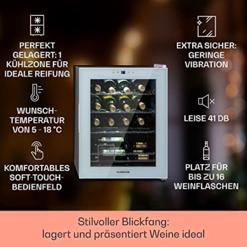 Klarstein Shiraz - Weinkühlschrank 5-18 °C, 42 dB, Soft-Touch-Bedienfeld, Weinschrank mit LED-Beleuchtung, wine fridge freistehend, 3 Regaleinschübe, 42 Liter, für 16 Flaschen Wein, weiß - 2