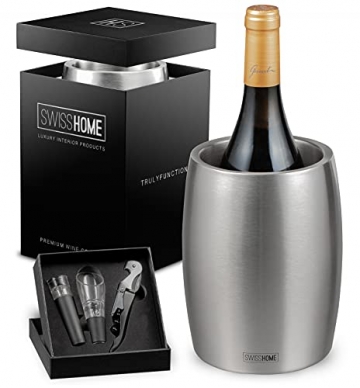 SWISSHOME® - Weinkühler/Sektkühler mit Sommelier-Set (Belüfter, Vakuumverschluss & Flaschenöffner) aus Edelstahl in Premium Geschenkverpackung | Champagner-Flaschen bis 1.5L & Ø 10cm - 1