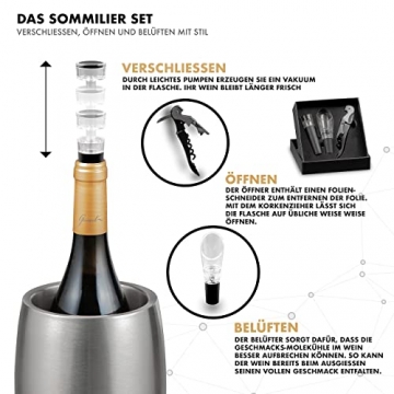 SWISSHOME® - Weinkühler/Sektkühler mit Sommelier-Set (Belüfter, Vakuumverschluss & Flaschenöffner) aus Edelstahl in Premium Geschenkverpackung | Champagner-Flaschen bis 1.5L & Ø 10cm - 5