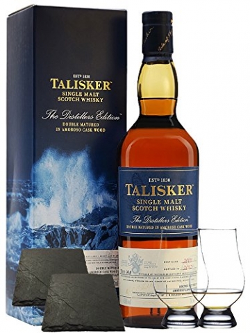 Talisker Distillers Edition 0,7 Liter + 2 Glencairn Gläser+ 2 Schieferuntersetzer quadratisch 9,5 cm - 